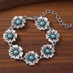 Turquoise Silver Floral Bracelet Country Western Jewelry